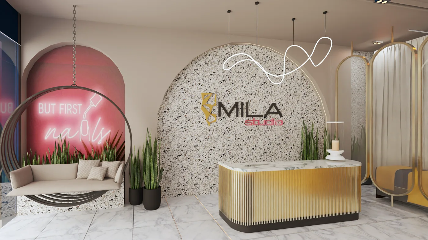 Render de la recepción de Mila Studio con separadores dorados
