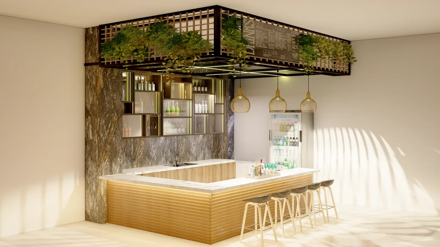 Render del bar: barra y jardín colgante