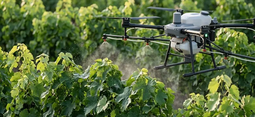 Dron agrícola aplicando fertilizante foliar directo a la hoja