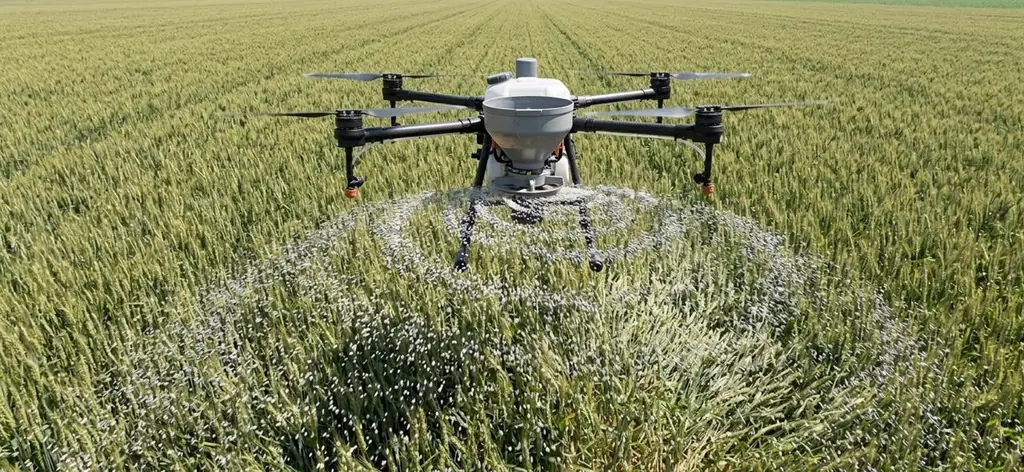 Dron agrícola esparciendo abono granulado con la tolva sobre el cultivo