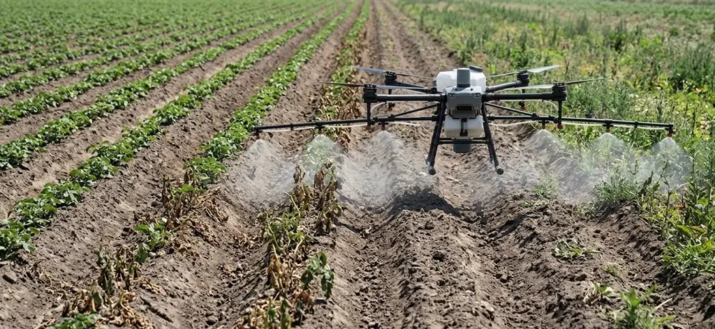 Dron agrícola aplicando herbicida entre los surcos, sobre la maleza