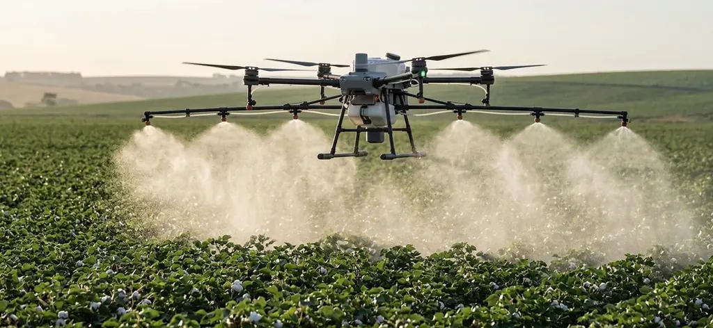 Dron agrícola aplicando insecticida en aspersión pareja sobre el cultivo