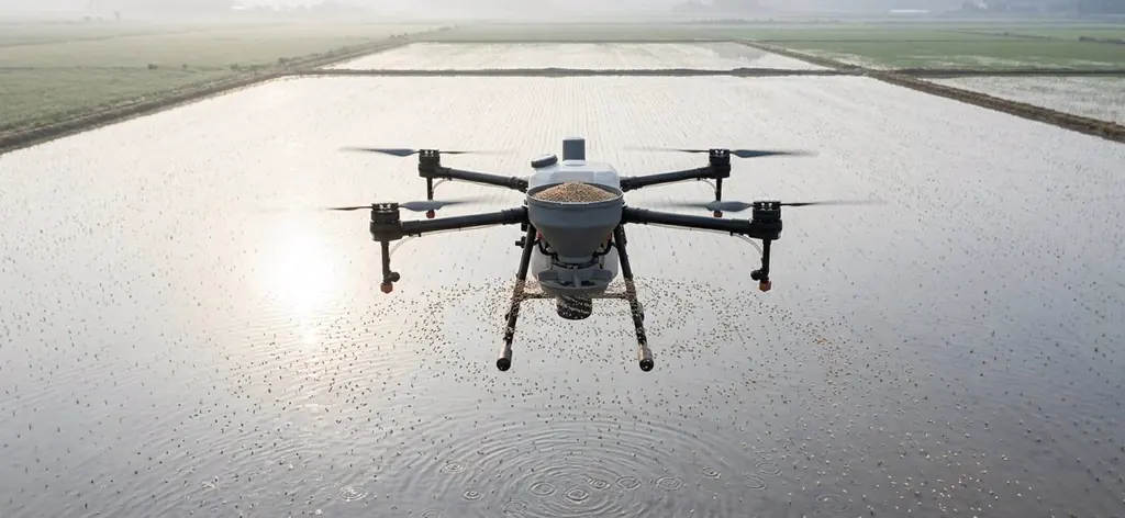 Dron agrícola sembrando arroz al voleo sobre la lámina de agua